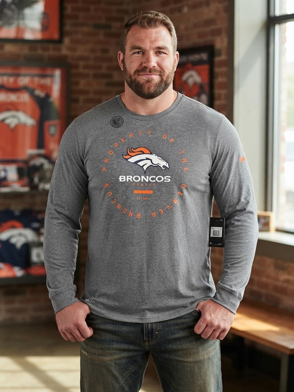 Nike Broncos Grey Long-Sleeve Logo Tee with Orange Accents